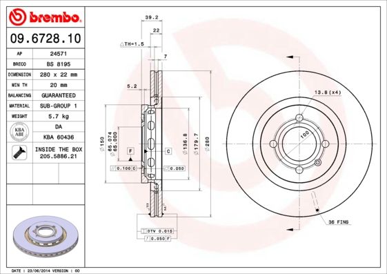 

Диск тормозной передний 280mm вентилируемый