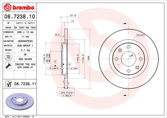 

Диск тормозной передний 266mm brembo 08723810