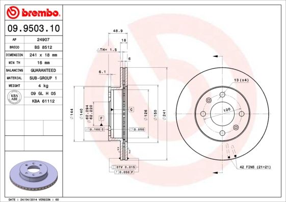

Тормозной диск brembo передний вентилируемый 241x18 мм 4 отверстия 9950310