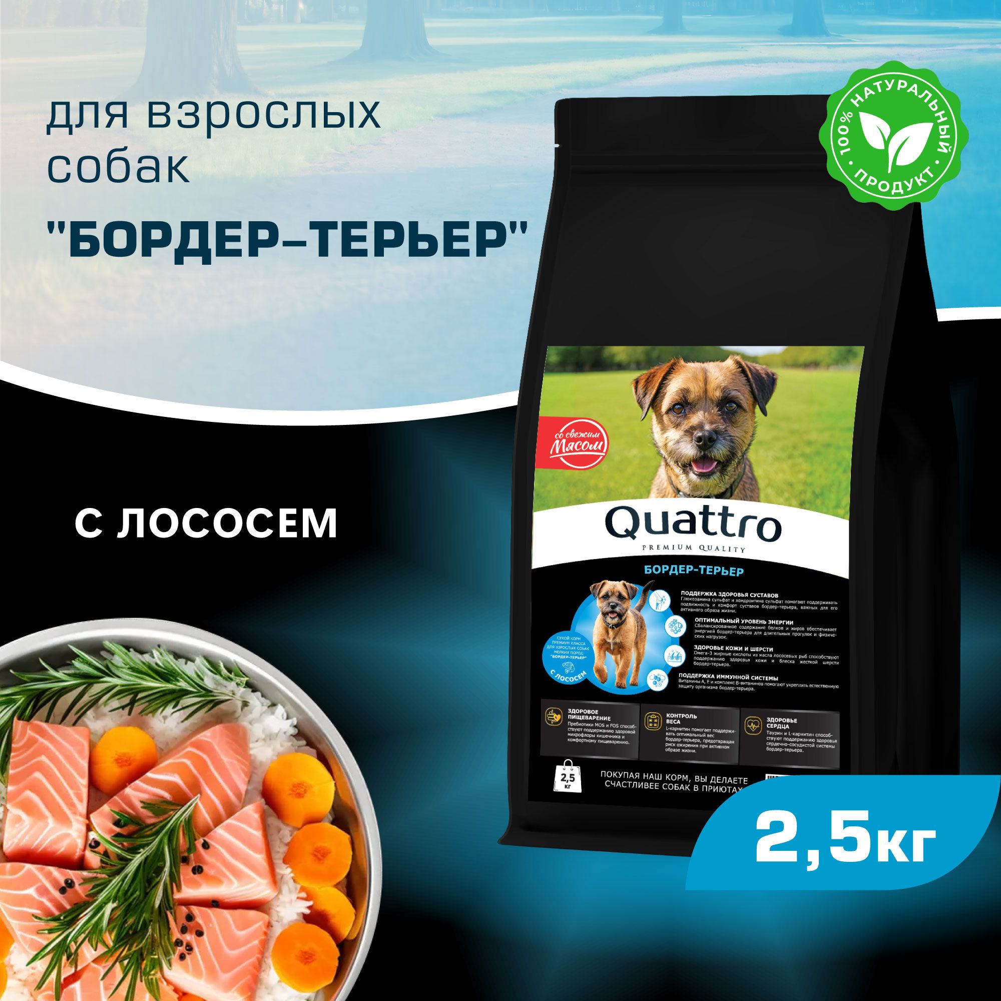 

Сухой корм для собак QUATTRO для породы Бордер-терьер, с лососем, 2,5 кг