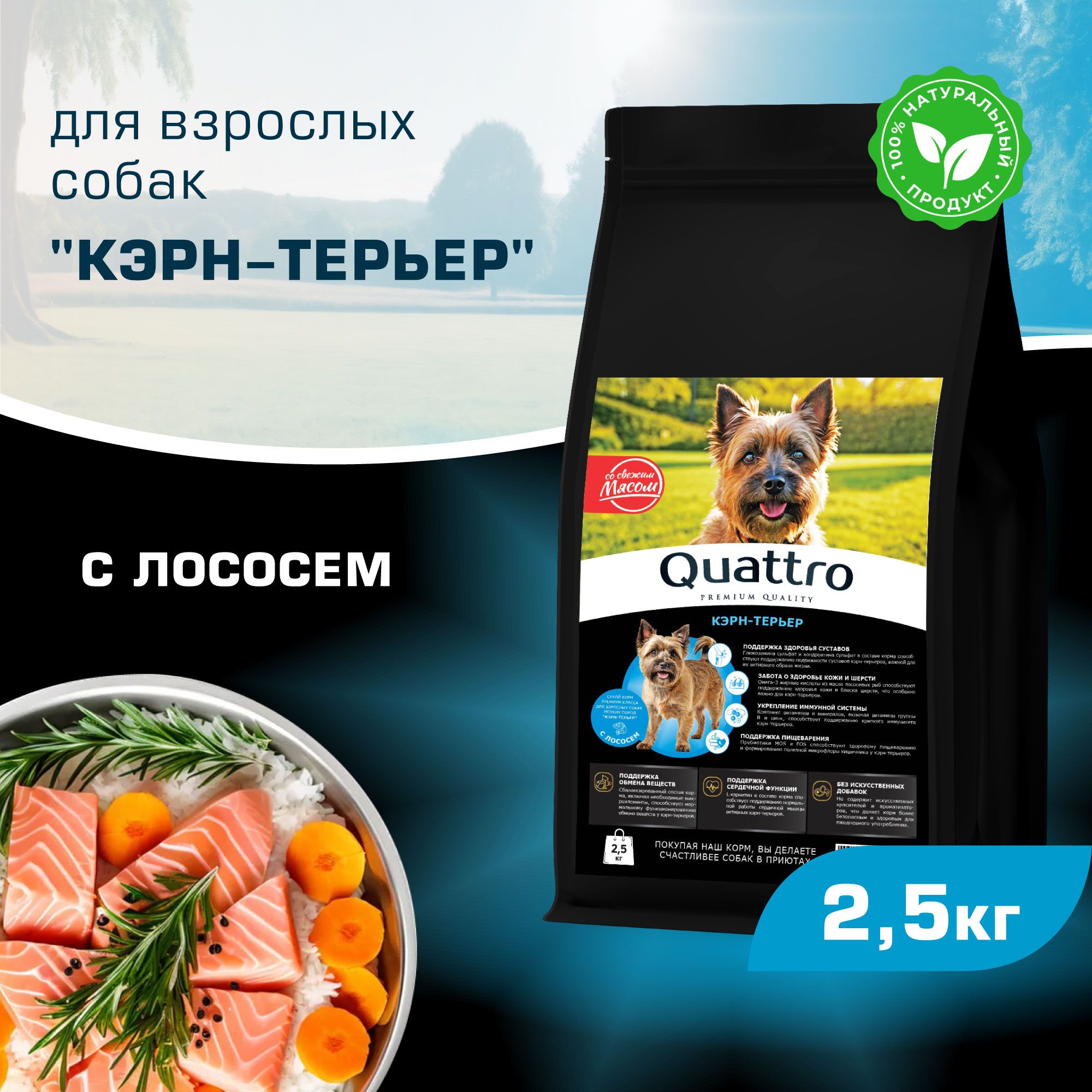 

Сухой корм для собак QUATTRO для породы Кэрн-терьер, с лососем, 2,5 кг