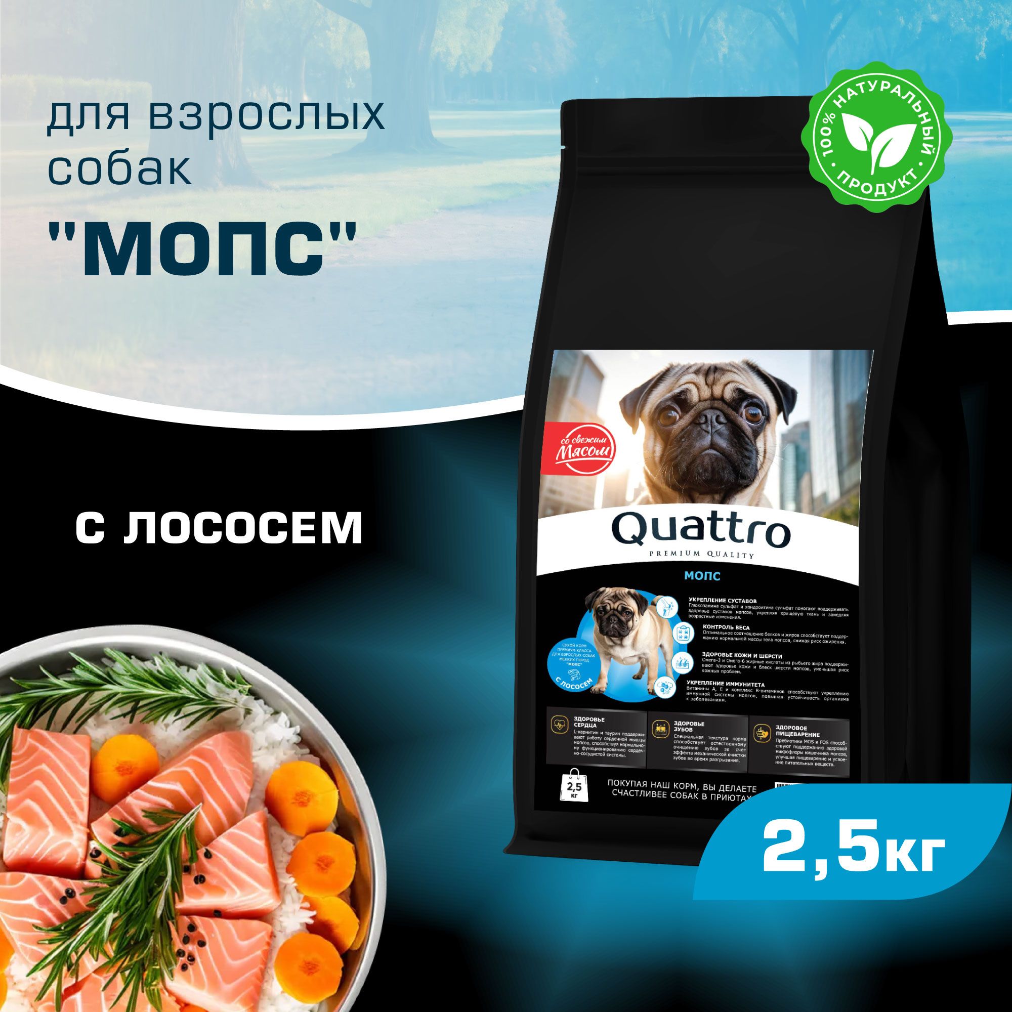 

Сухой корм для собак QUATTRO для породы Мопс, с лососем, 2,5 кг