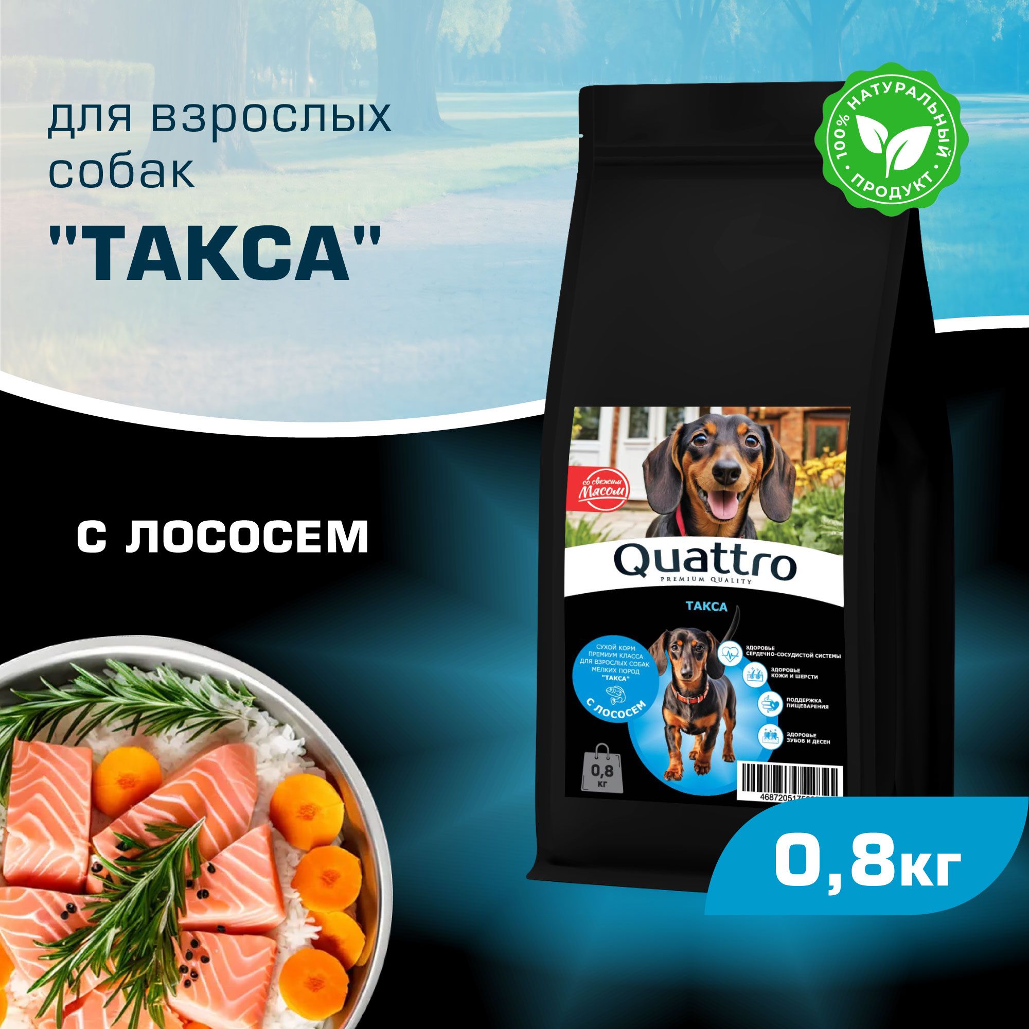 Сухой корм для собак QUATTRO для породы Такса (стандартная), с лососем, 800 г