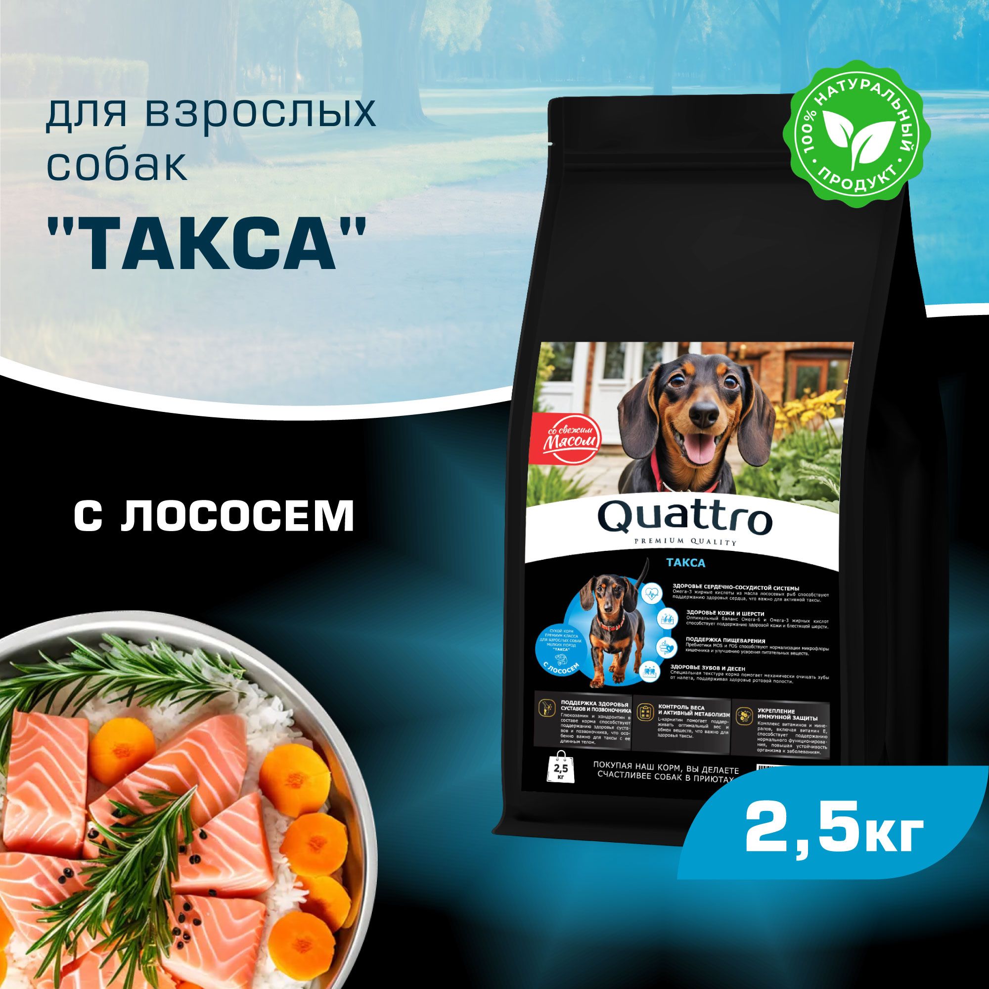 

Сухой корм для собак QUATTRO для породы Такса (стандартная), с лососем, 2,5 кг