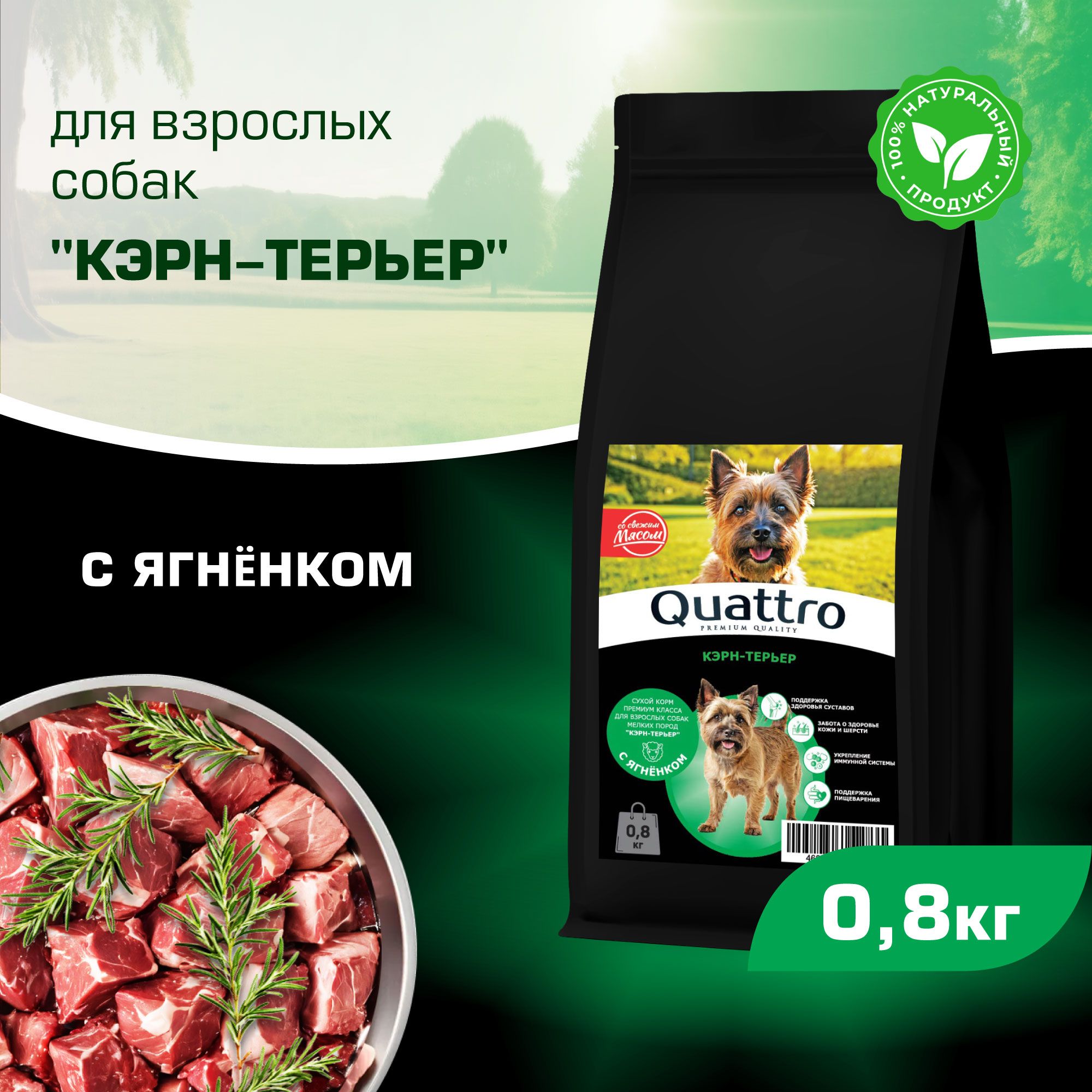 

Сухой корм для собак QUATTRO для породы Кэрн-терьер, с ягненком, 800 г
