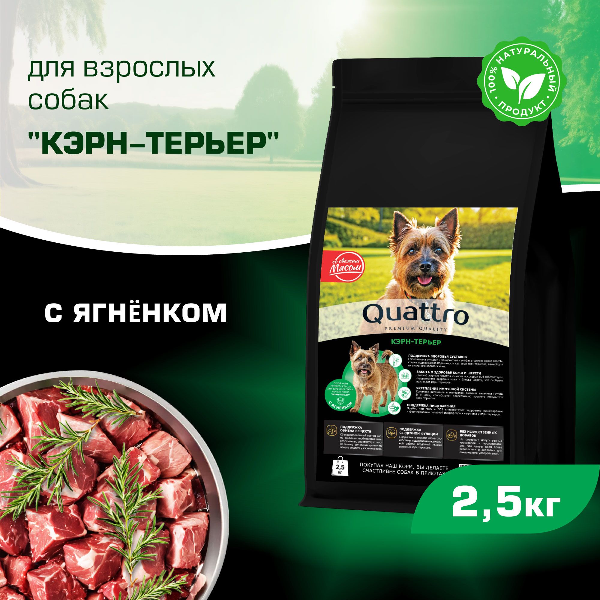 Сухой корм для собак QUATTRO для породы Кэрн-терьер, с ягненком, 2,5 кг