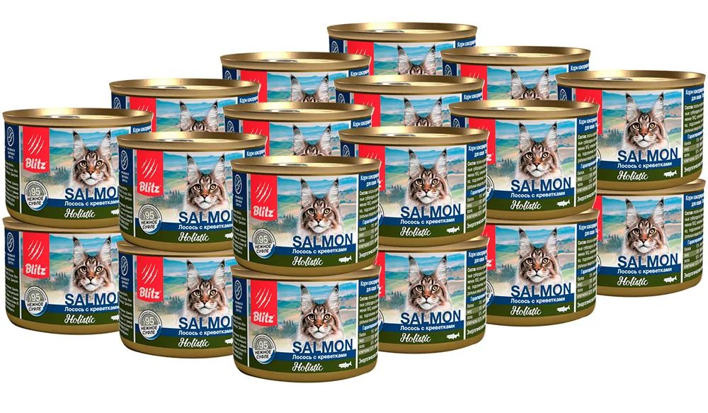 

Влажный корм для кошек BLITZ HOLISTIC SALMON Суфле с лососем и креветками, 24 шт по 200 г