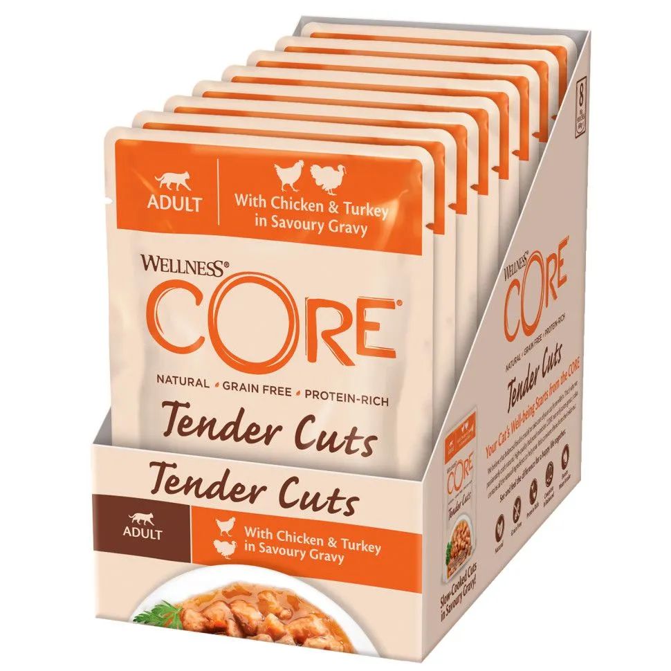 Влажный корм для кошек CORE CAT TENDER CUTS с кусочками курицы и индейки, 8 шт по 85 г