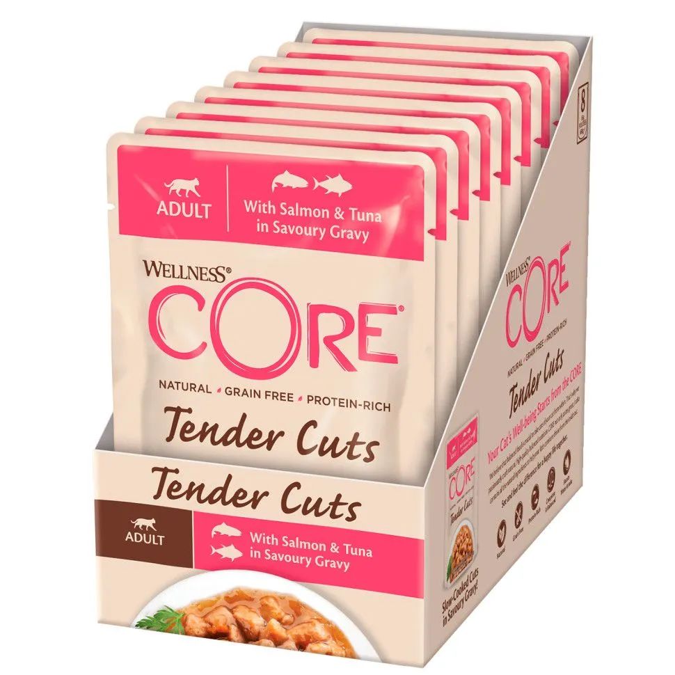 

Влажный корм для кошек CORE CAT TENDER CUTS с нежными кусочками лосося и тунца, 8шт по 85г