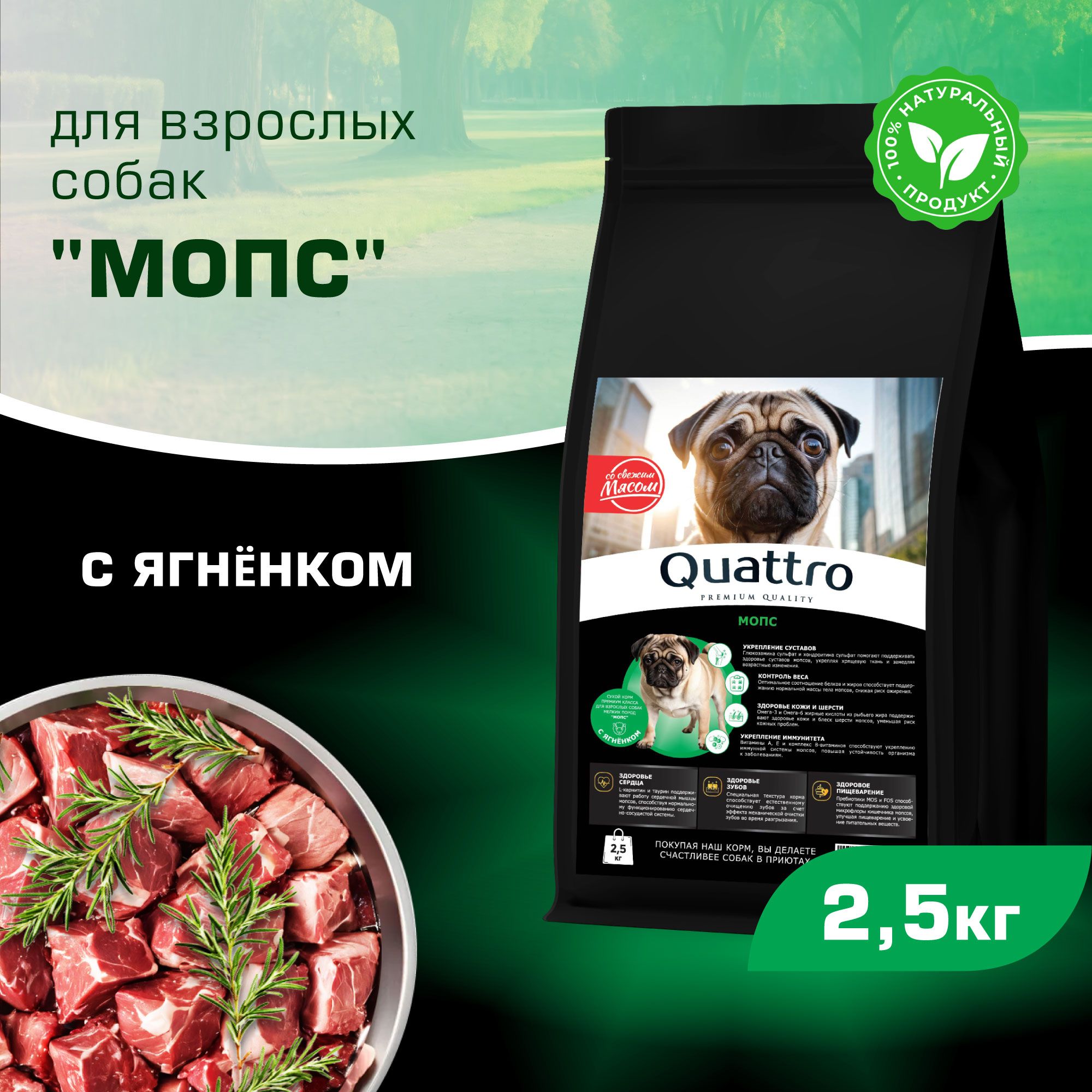 

Сухой корм для собак QUATTRO для породы Мопс, с ягненком, 2,5 кг