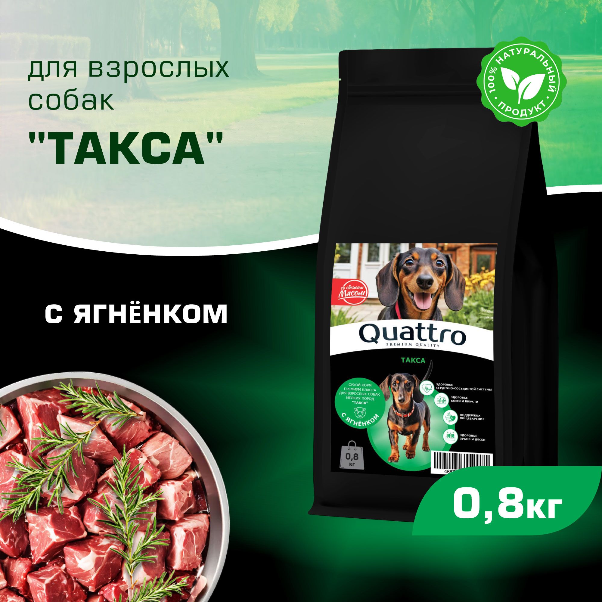 

Сухой корм для собак QUATTRO для породы Такса (стандартная), с ягненком, 800 г