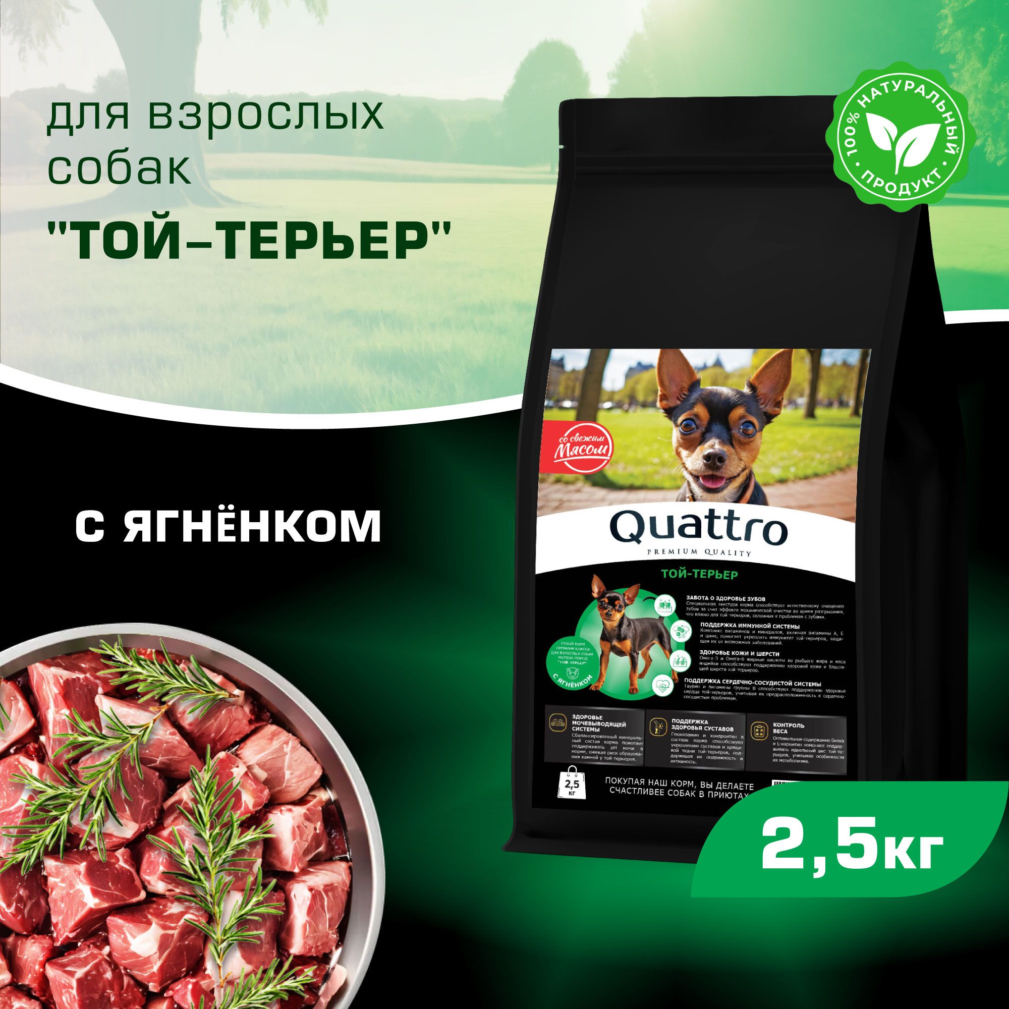 

Сухой корм для собак QUATTRO для породы Той-терьер, с ягненком, 2,5 кг