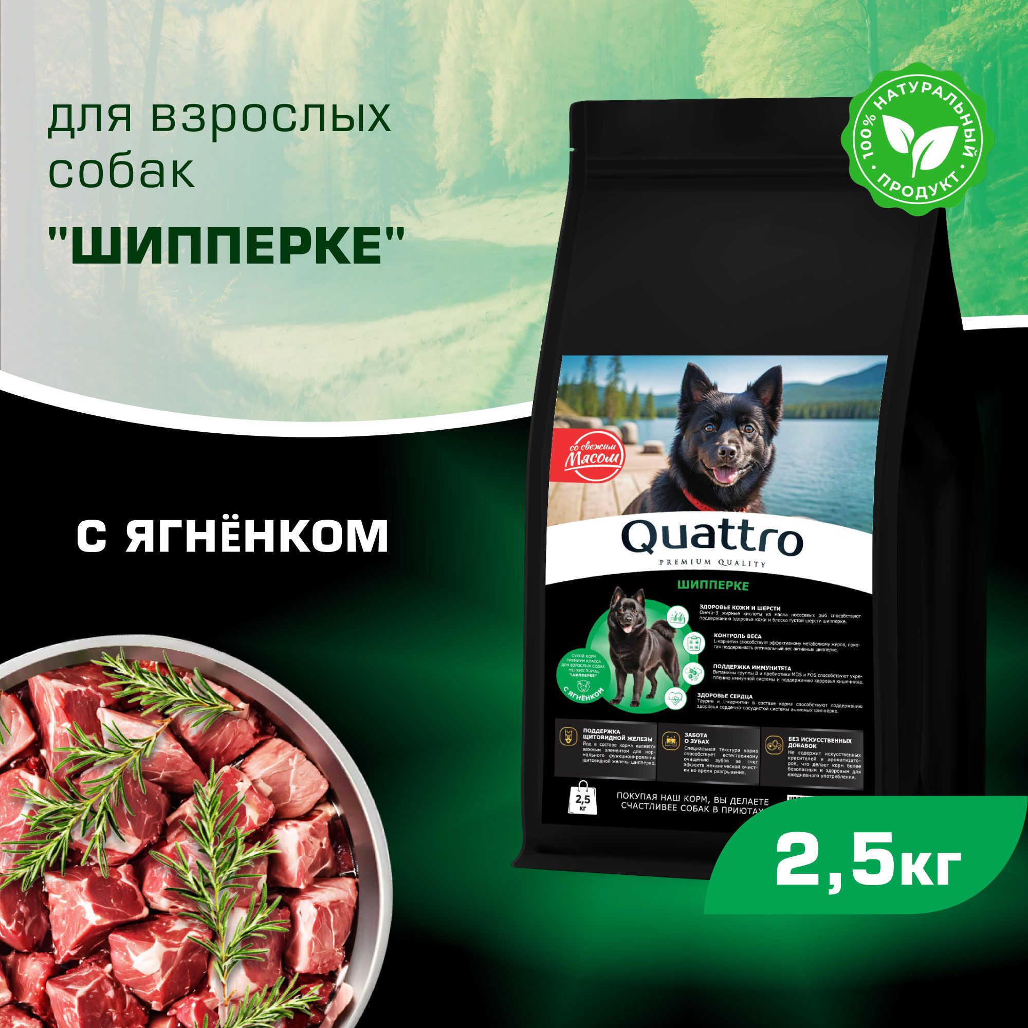 

Сухой корм для собак QUATTRO для породы Шипперке, с ягненком, 2,5 кг