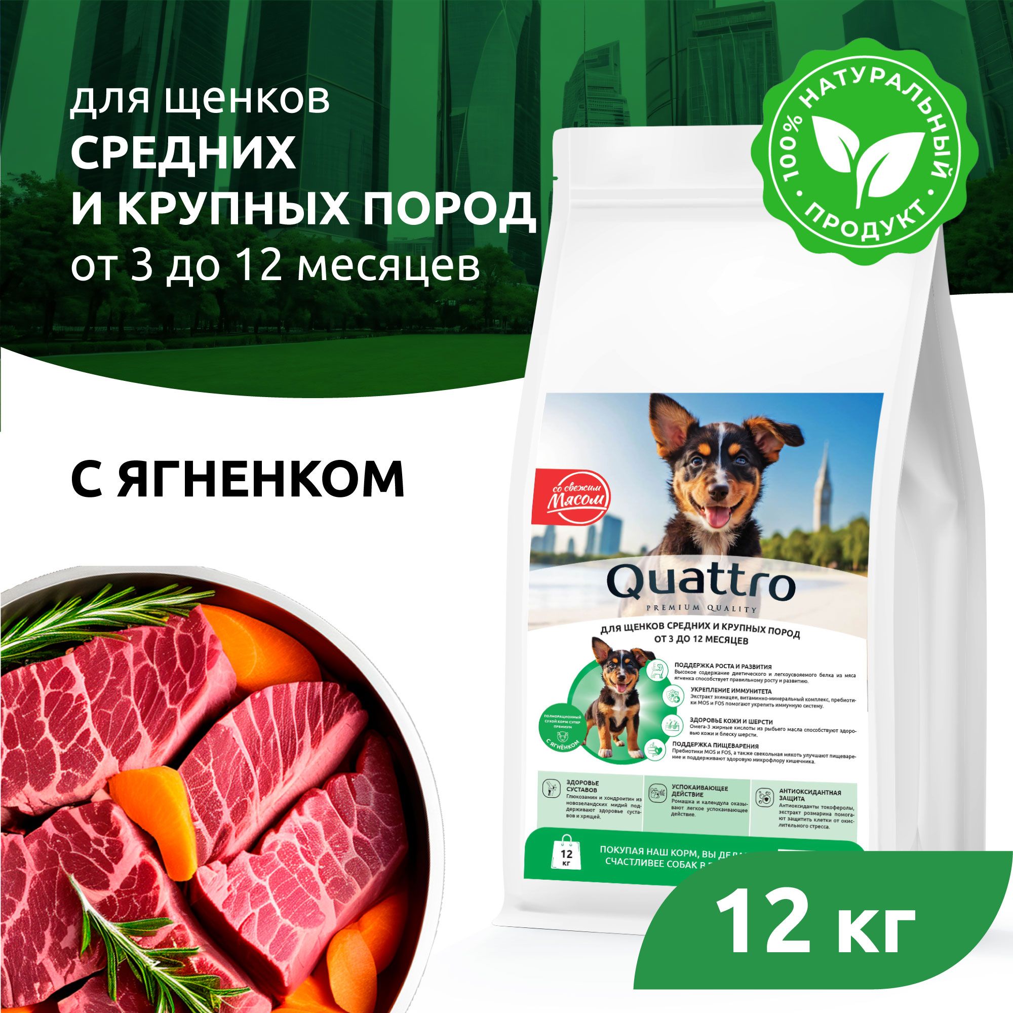 

Сухой корм для щенков QUATTRO, средние и крупные породы, с ягненком, 12 кг