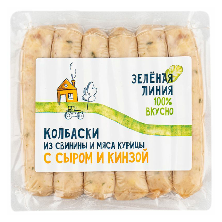 

Колбаски полукопченые Зелёная линия из свинины и курицы с сыром и кинзой 180 г