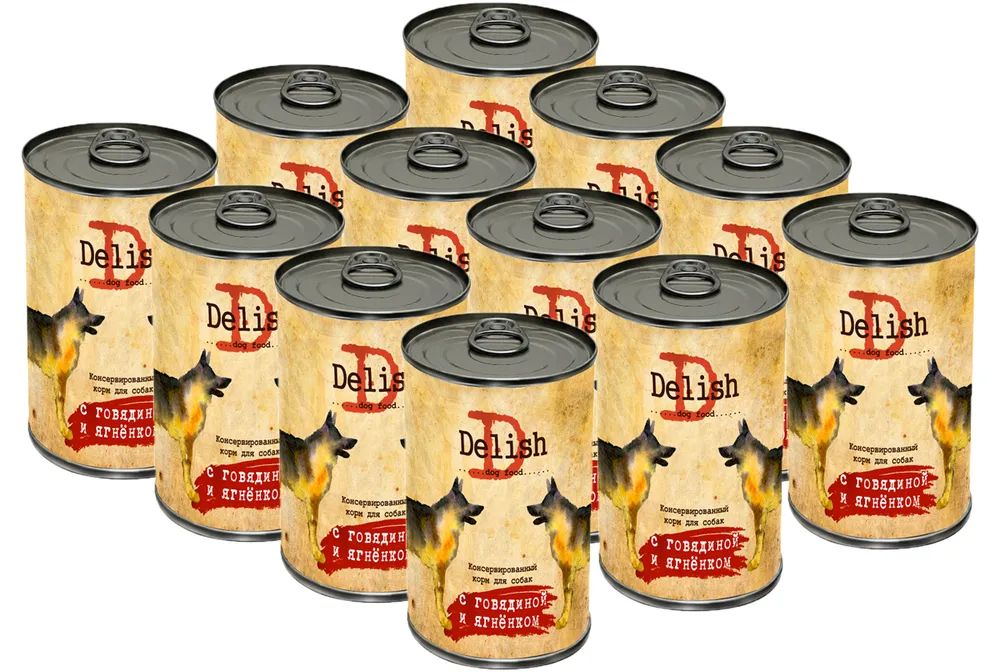 Влажный корм для собак DELISH DOG с говядиной и ягненком, 12 шт по 970 г