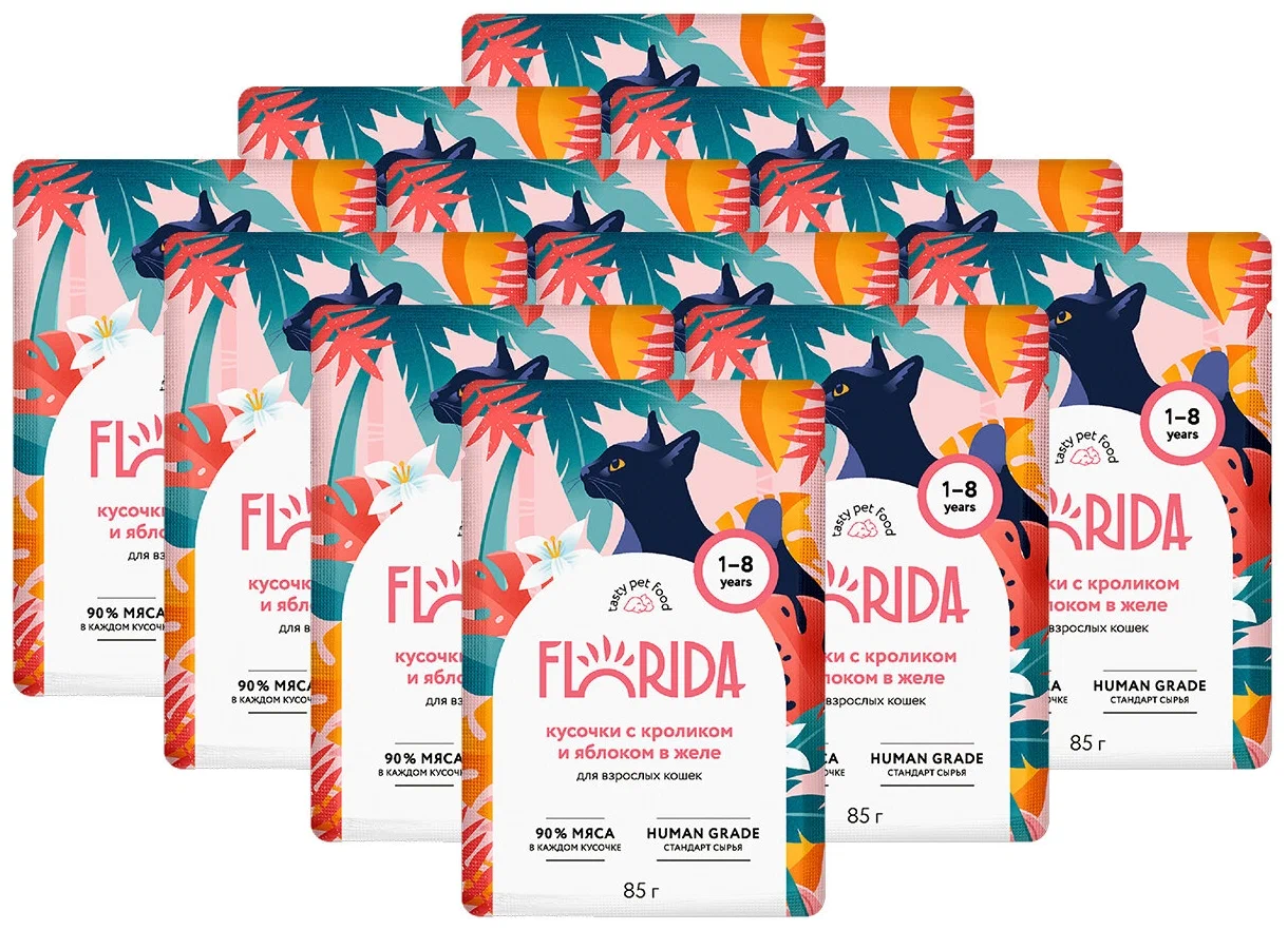

Влажный корм для кошек FLORIDA с кроликом и яблоком в желе, 12 шт по 85 г