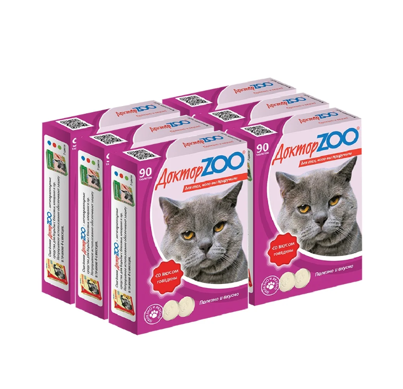 Лакомство для кошек Доктор Zoo витамины со вкусом говядины 90 таблеток 6 шт