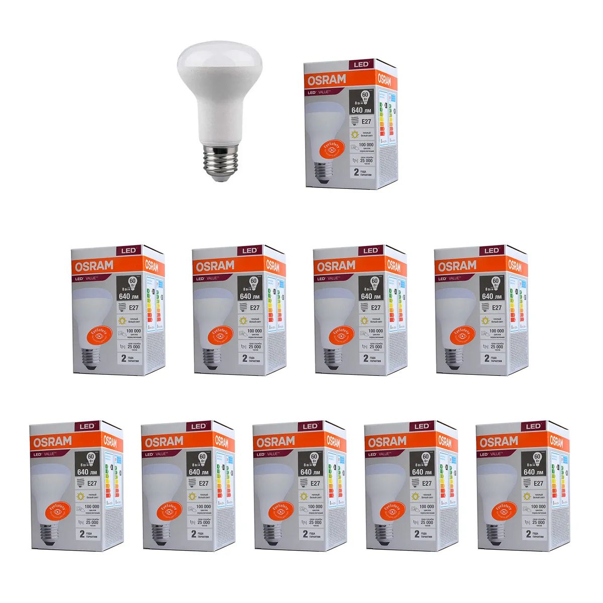 

Лампа LED LV R63 60 8W E27 3000K 640lm мат 100x63 Osram, 10 шт
