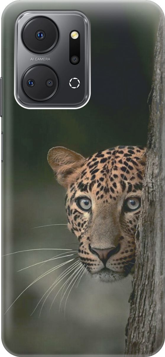 

Силиконовый чехол на Honor X7a с принтом "Подглядывающий леопард", Зеленый;коричневый, 159387