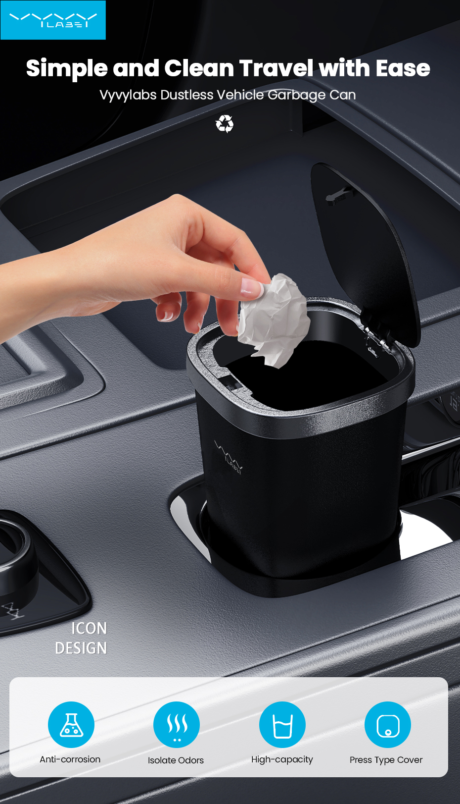 

Урна Vyvylabs VJE1 DUSTLESS в автомобиль черная, Черный, VJE1