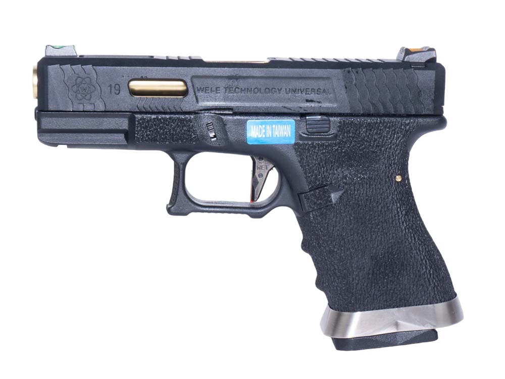 Пистолет страйкбольный WE  G19 T1 – BK Slide / GD Barrel / BK Frame