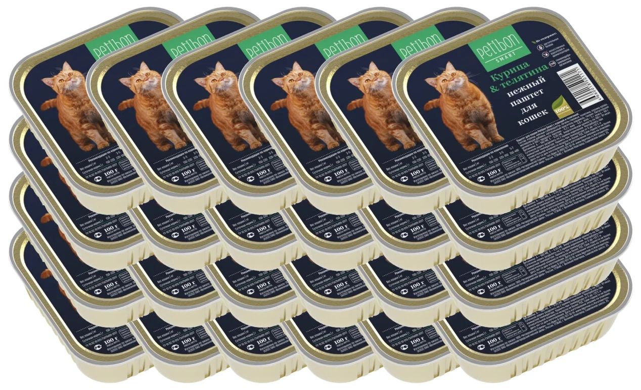 

Консервы для кошек Четвероногийгурман Petibon Smart, курица, телятина, 24шт по 100г