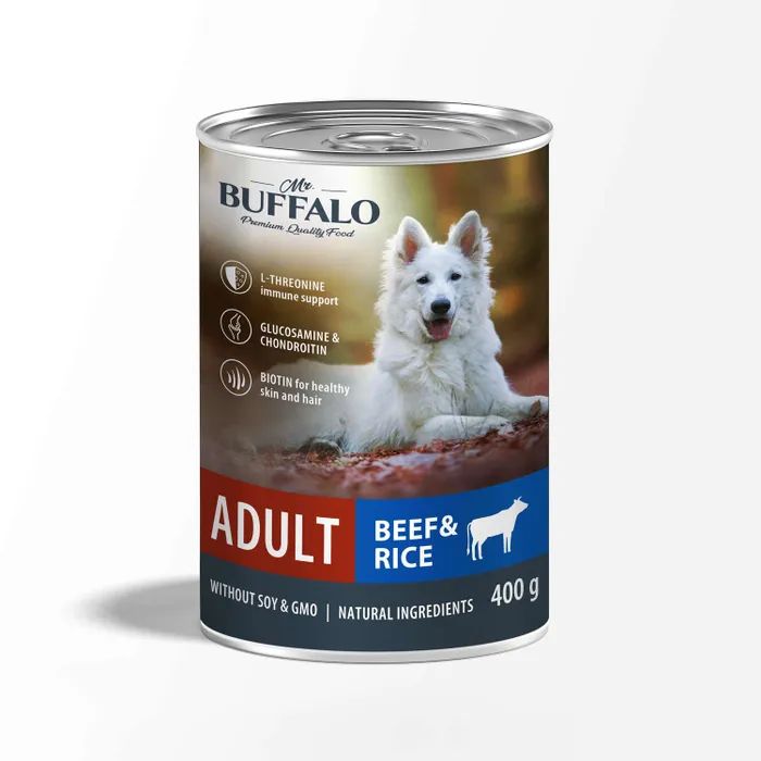 

Влажный корм для собак MR.BUFFALO ADULT DOG BEEF & RICE с говядиной и рисом, 400 г