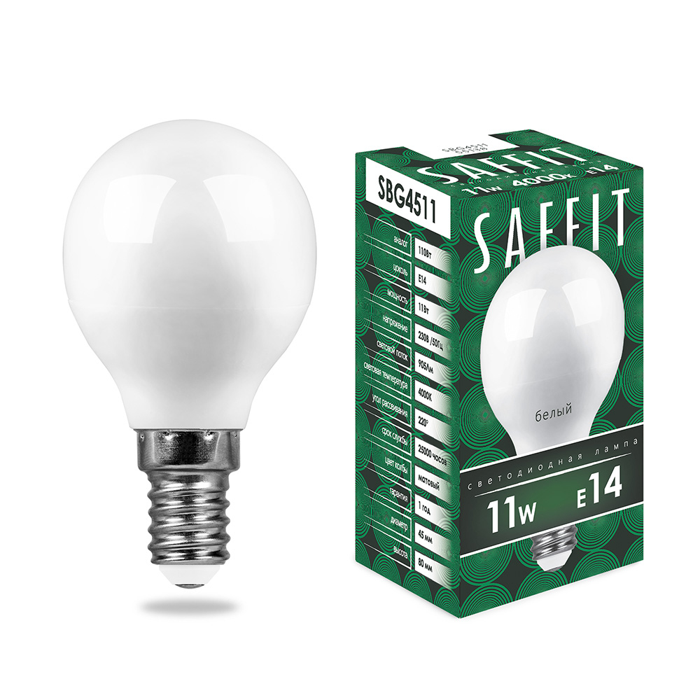 

Лампочка светодиодная Saffit SBG4511, 11Вт E14 230V упаковка 10 шт 55138, SBG4511