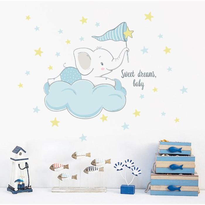 

Наклейка пластик интерьерная цветная "Слонёнок на облаке, ловит звёзды" 25х35 см, Голубой;золотистый