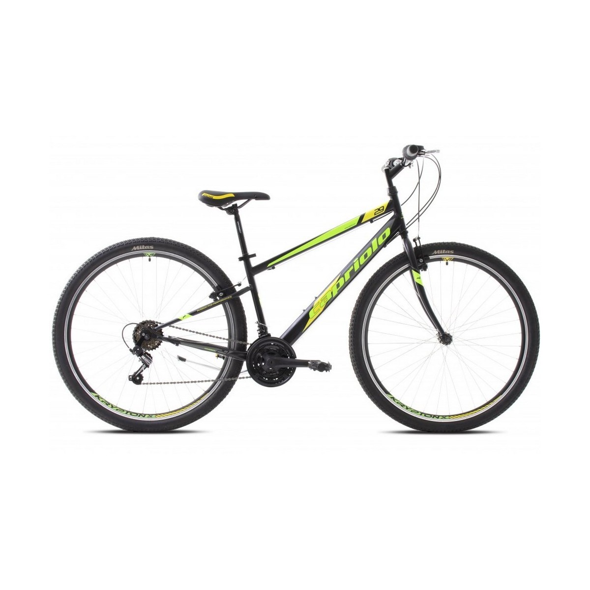 Велосипед CAPRIOLO MTB PASSION MAN 29'' 3 X 6, STEEL 16'' чёрный - жёлтый - зелёный 2024