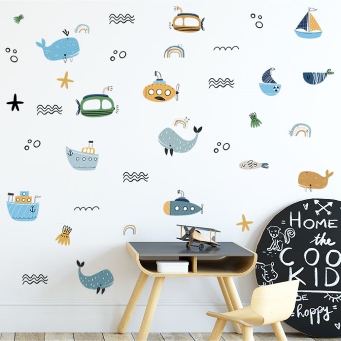 

Наклейка пластик интерьерная цветная "Морской транспорт и киты" набор 4 листа 29х40 см, Разноцветный