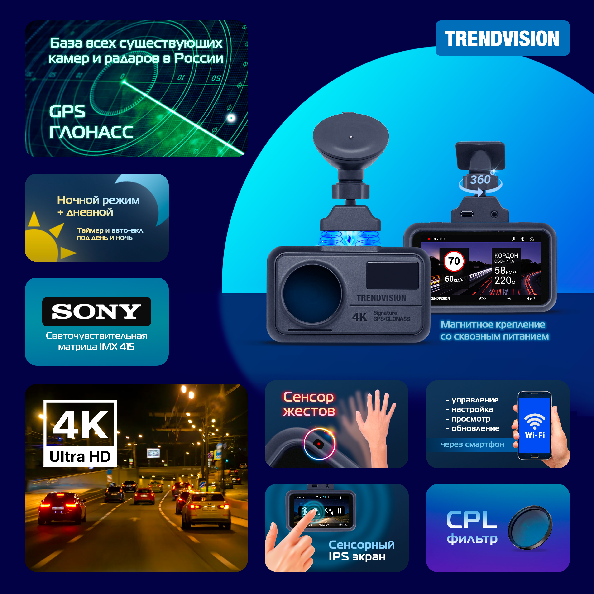 Видеорегистратор TrendVision Solo - 4К (SONY), сенсоры, GPS, CPL, Wi-Fi