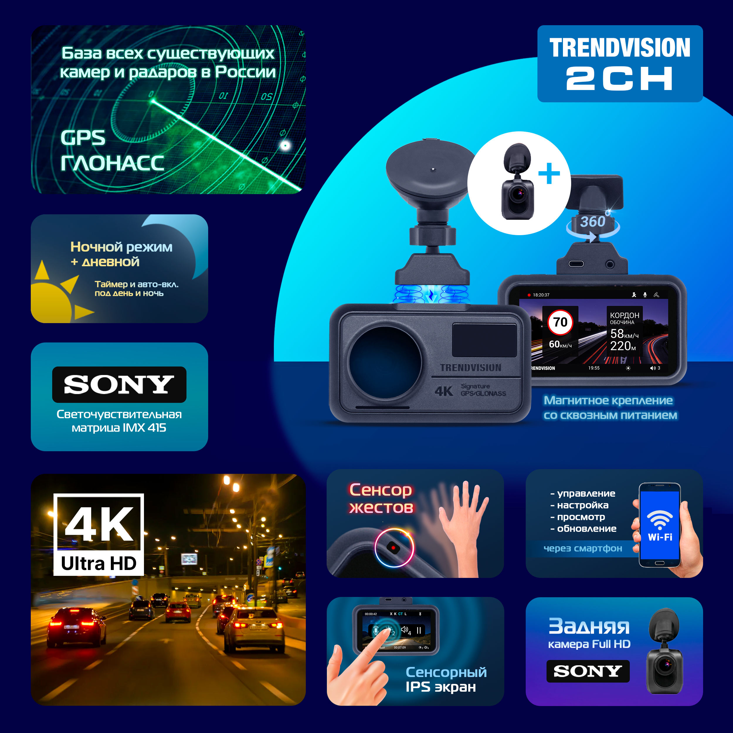 Видеорегистратор TrendVision 2CH - 4К (SONY), задняя камера, сенсоры, GPS, CPL, Wi-Fi