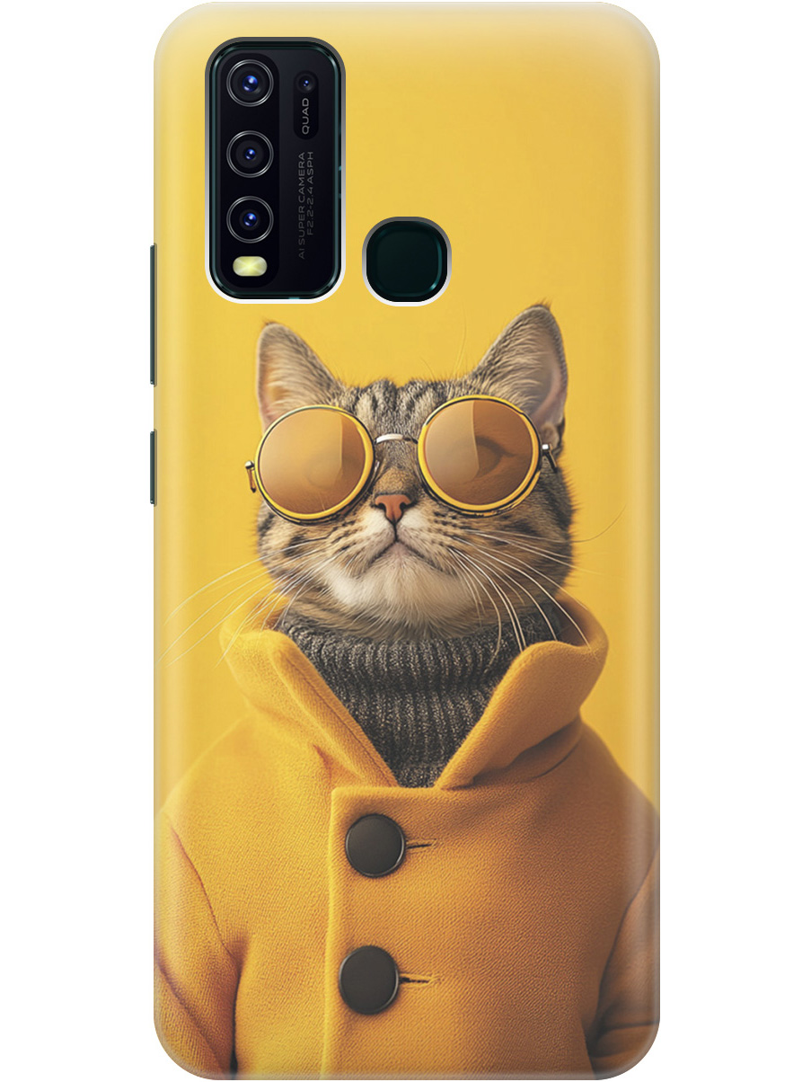 

Силиконовый чехол на Vivo Y30 с принтом "Котик в желтых очках", Прозрачный;желтый;черный, 725455912