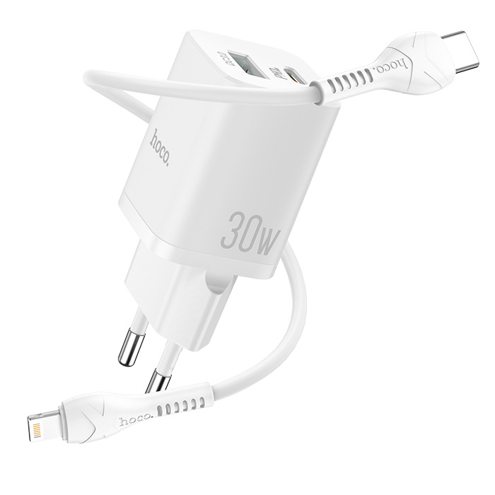 фото Сетевое зарядное устройство быстрое pd+qc 3.0 usb+usb type-c hoco n13 bright - белое