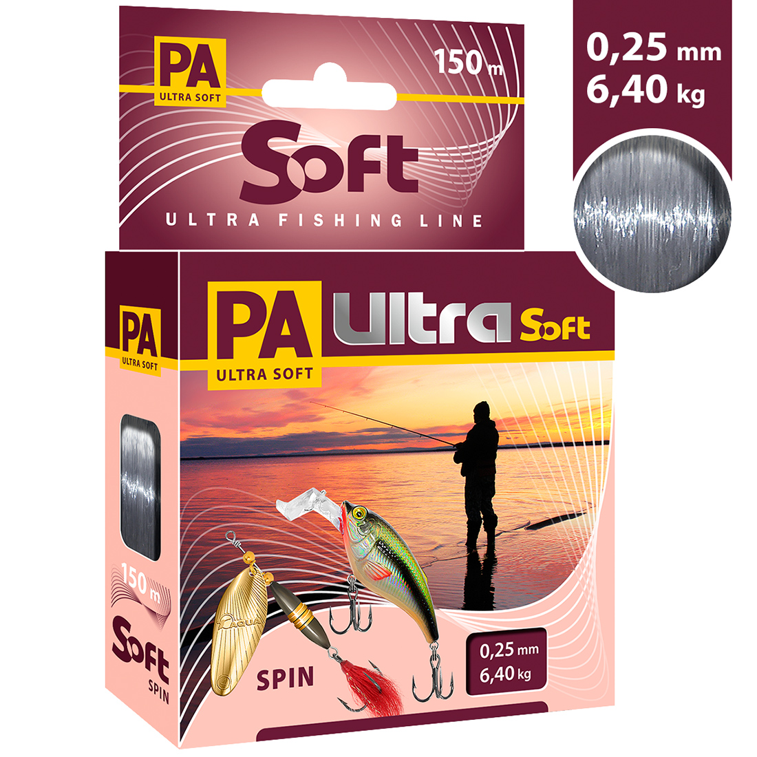 Леска AQUA PA ULTRA SOFT SPIN 0,25mm 150m, цвет - дымчато-серый, test - 6,40kg