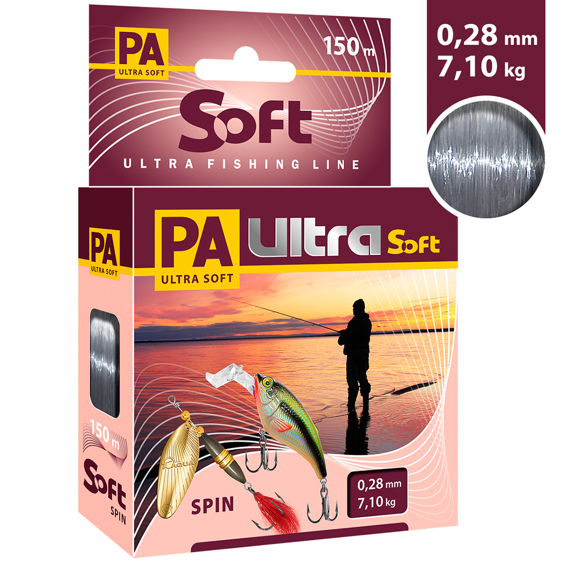 

Леска AQUA PA ULTRA SOFT SPIN 0,28mm 150m, цвет - дымчато-серый, test - 7,10kg, PA ULTRA SOFT
