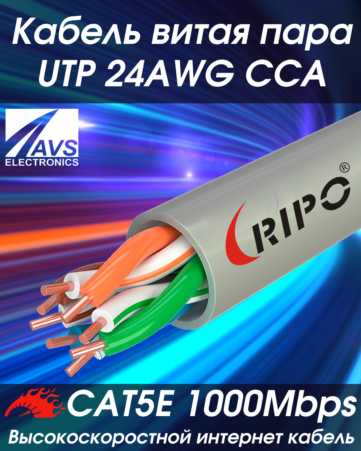 Кабель RIPO UTP без разъемов 100м (001-112002/100) 5bites fs5525 305b bl кабель express ftp solid 5e 24awg copper pvc blue 305m