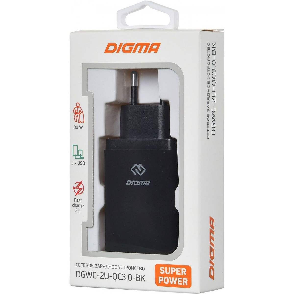 

Сетевое зарядное устройство DIGMA DGWC-2U-QC3,0, 2xUSB, 1,5 A, black, DGWC-2U-QC3,0
