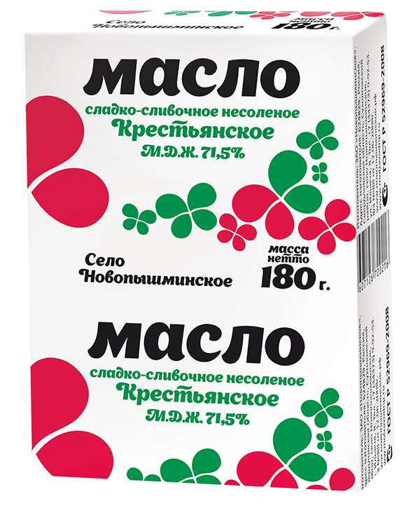 

Масло сладко-сливочное Село Новопышминское Крестьянское несоленое 72,5% 180 г
