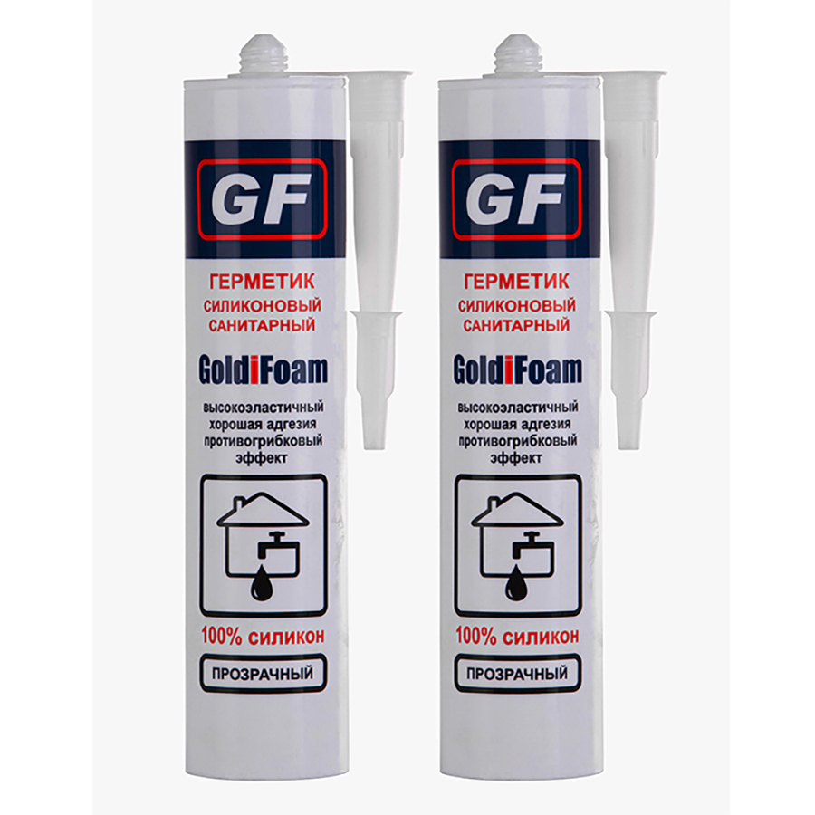 Герметик силиконовый, санитарный GoldiFoam, 260 мл., с фунгицидом, прозрачный, 2 шт. силиконовый санитарный герметик globalseal