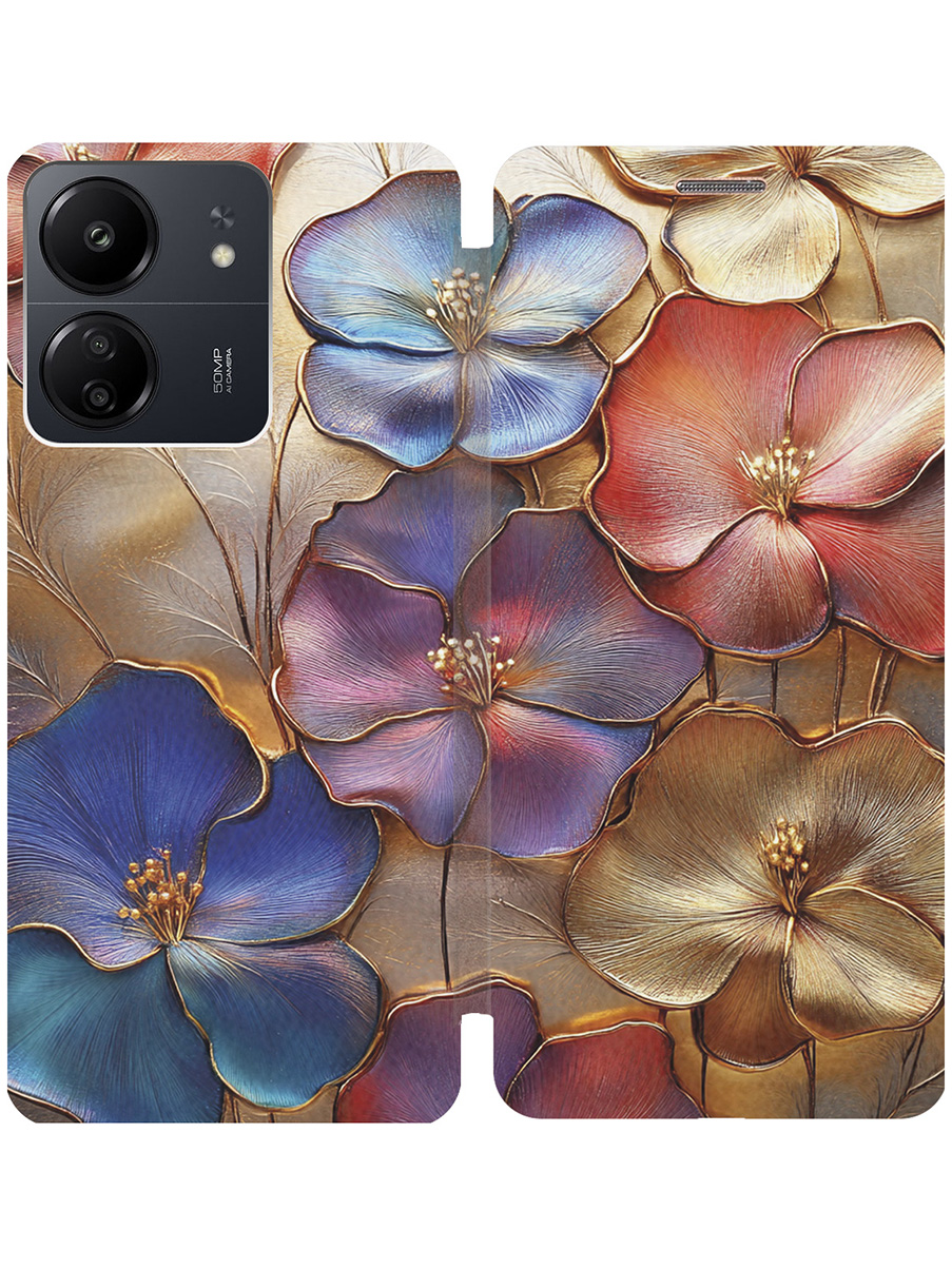 

Чехол-книжка на Xiaomi Redmi 13C / Poco C65 с принтом "Позолоченные цветы" золотой, Золотистый;красный;синий, 777767724