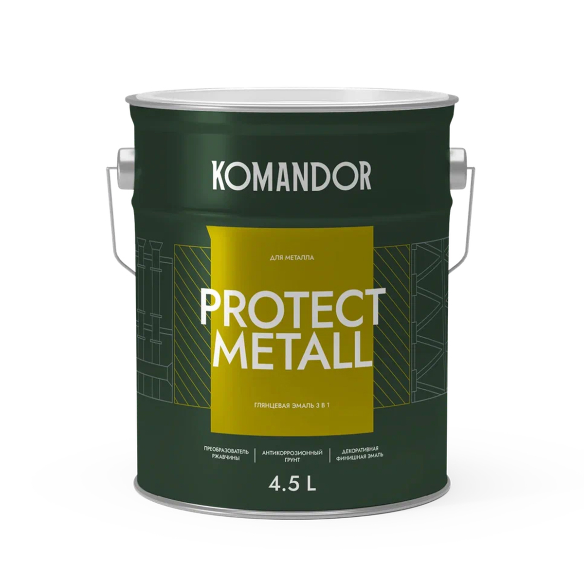 Грунт-эмаль по ржавчине 3 в 1 Komandor Protect Metall, глянцевая, база А, белая, 4,5 л эмаль универсальная komandor protect universal алкидная полумат база а белая 0 9 л