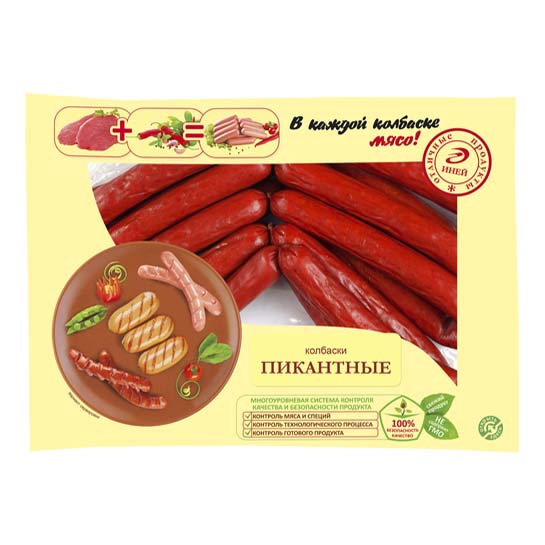

Колбаски Иней Пикантные полукопченые +-1 кг