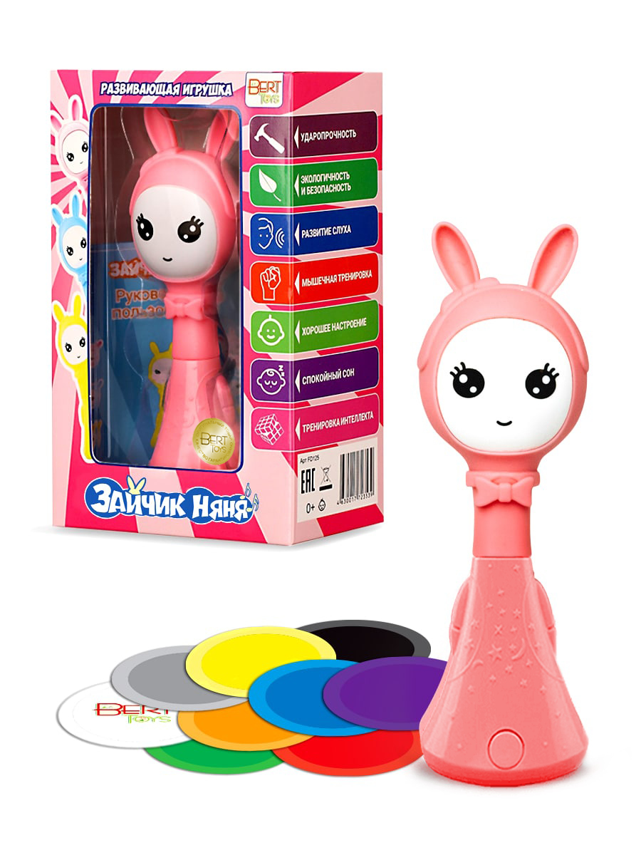

Музыкальная развивающая и обучающая игрушка-погремушка BertToys Умный Зайчик Няня розовый