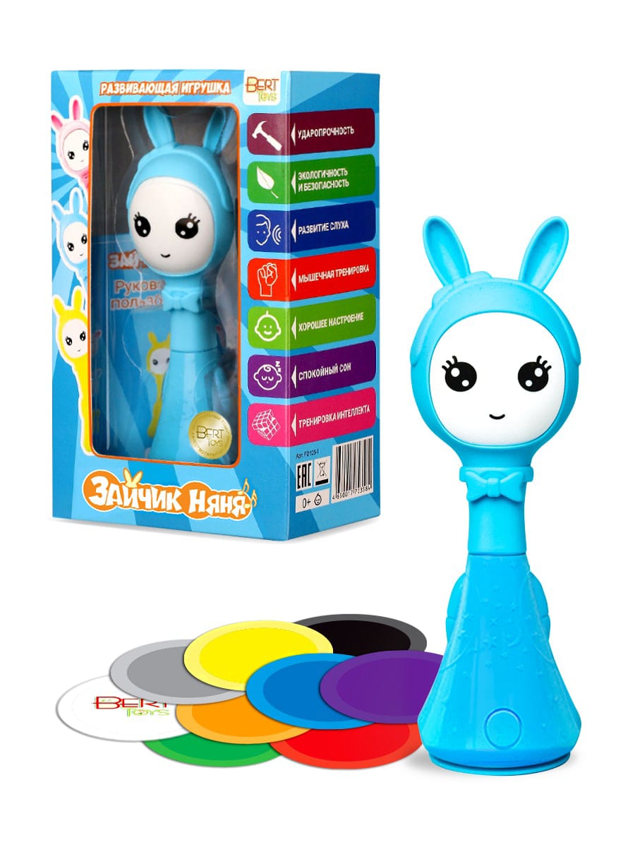 

Музыкальная развивающая и обучающая игрушка-погремушка BertToys Умный Зайчик Няня голубой