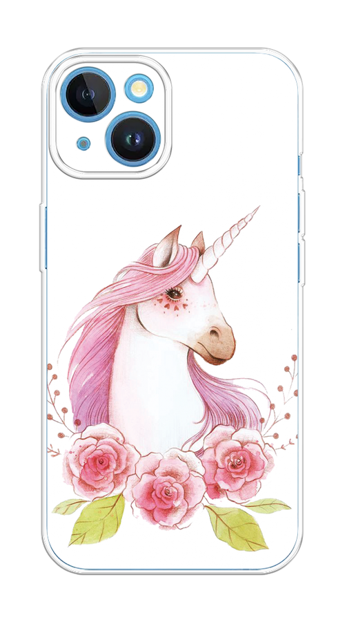

Чехол на Apple iPhone 15 "Единорог цветы", Белый;розовый;серый, 15550-1