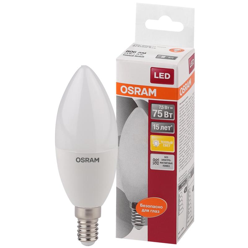 

Osram Светодиодная лампа LED STAR B Свеча 7,5 Вт E14 806 Лм 2700 К Теплый белый свет 40580