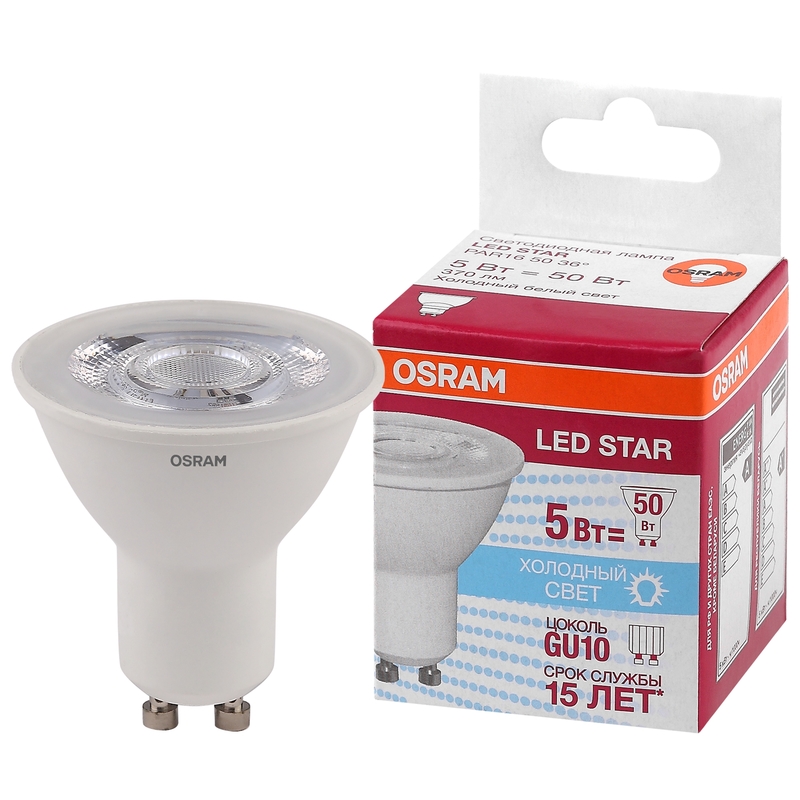 

Osram Светодиодная лампа LED STAR PAR16 5Вт GU10 370 Лм 4000 К Нейтральный белый свет 4058